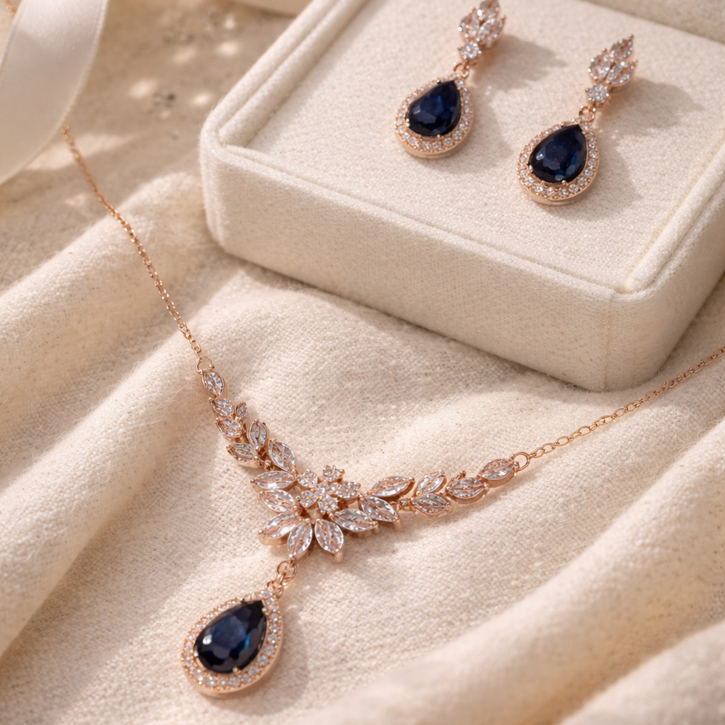 Rose gold necklace and earrings with blue gemstones on a beige fabric background