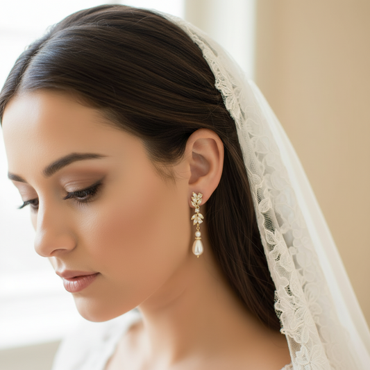 Bridal Leaf Crystal and Pearl Drop Gold Earrings