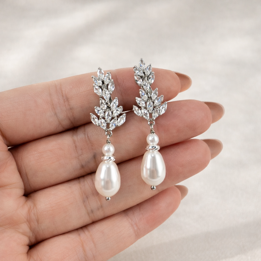 Bridal Floral Crystal and Pearl Clip On Earrings