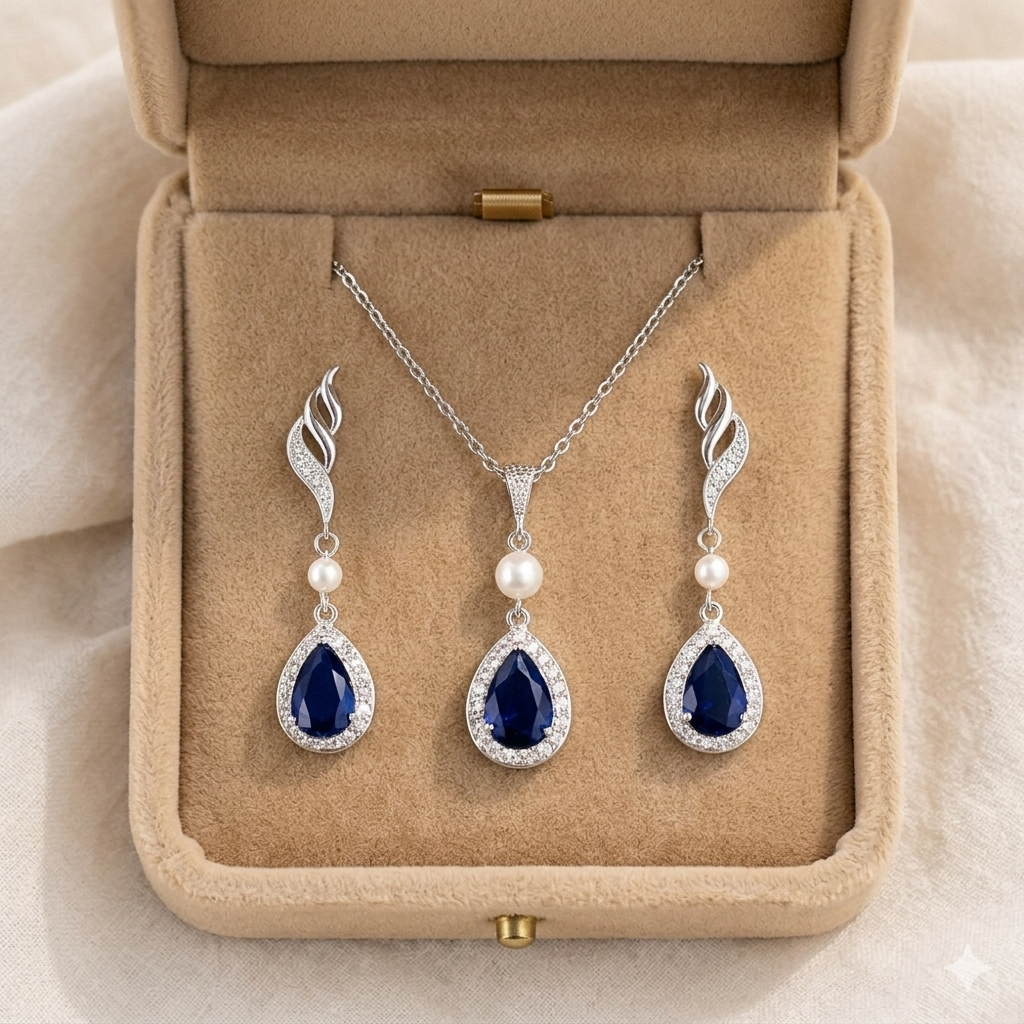 Wedding Sapphire Blue Teardrop Bridal Earrings Set