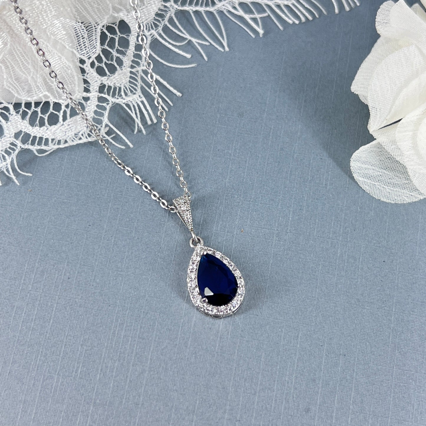 Bridal Wedding Necklace Earrings Set with Sapphire Blue Teardrop