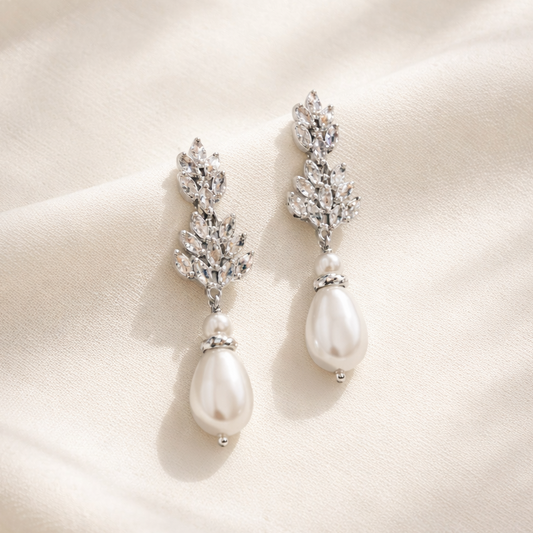 Bridal Floral Crystal and Pearl Clip On Earrings