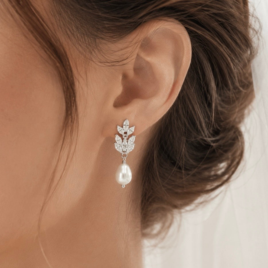 Bridal CZ Floral and Pearl Necklace with Backdrop and Earrings Set
