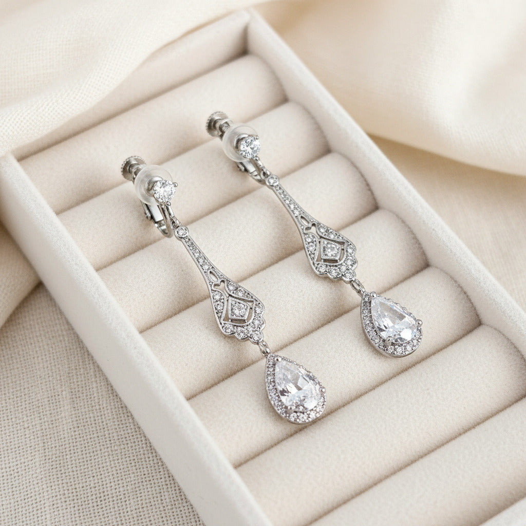 Teardrop Crystal Bridal Clip On Earrings