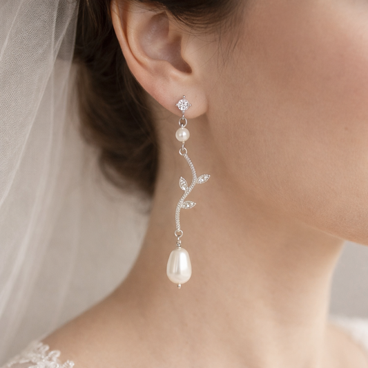 Bridal Marquise Leaf and Pearl Crystal Clip on Earrings