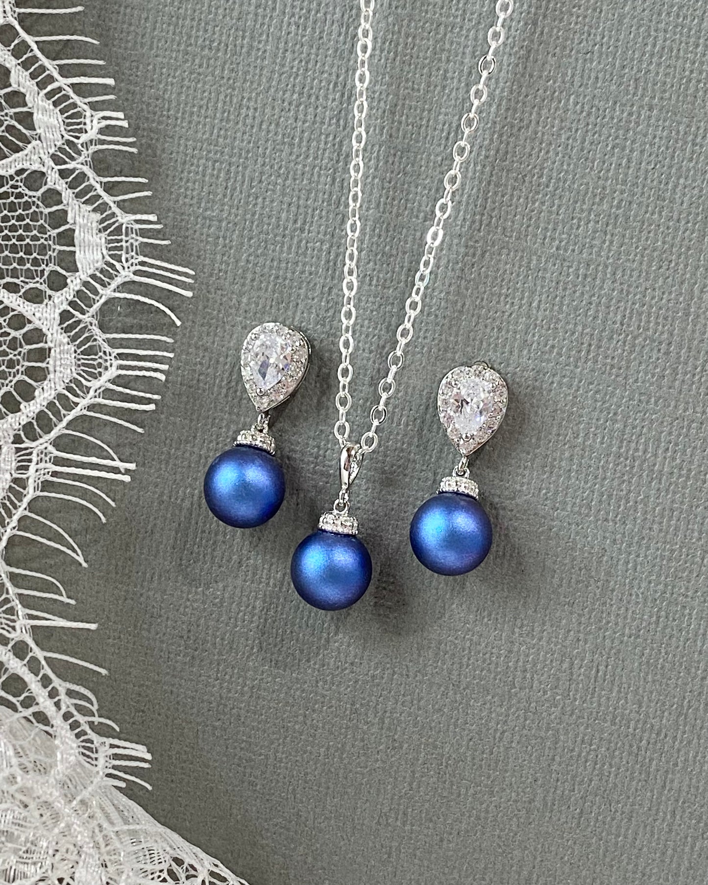 Wedding Bridal Royal Blue Pearl Necklace and Earrings Set