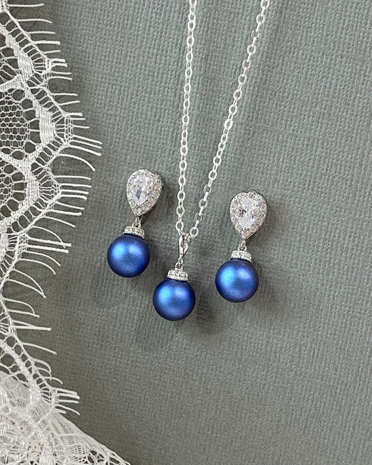 Libby Royal Blue Pearl Necklace and Earrings Set