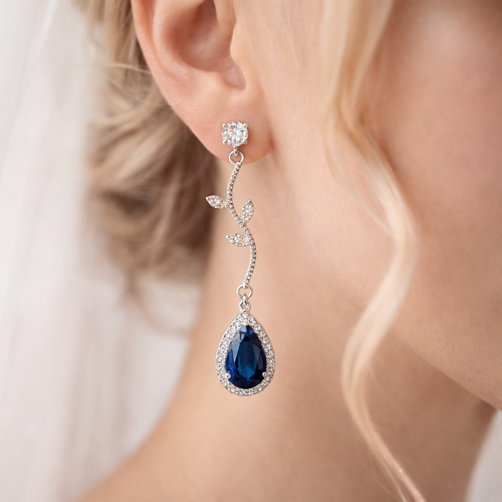 Bridal Blue Crystal Vine Necklace Earring Jewelry Set