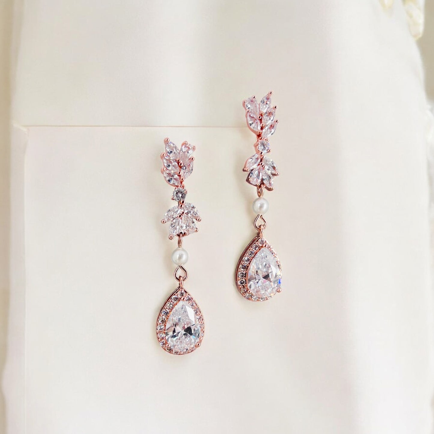 Bridal Rose Gold Clear Teardrop Crystal Drop Earrings Wedding Jewelry