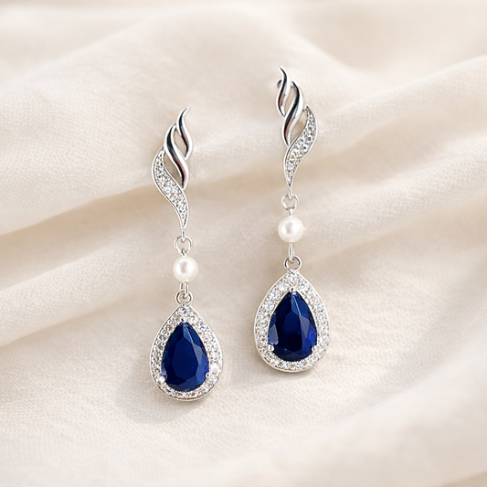 Wedding Sapphire Blue Teardrop Bridal Earrings Set