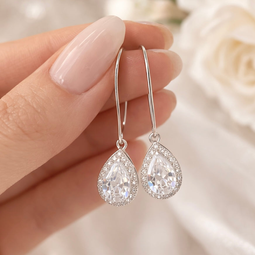 Clear Teardrop CZ Drop Earrings Gold Or Silver Bridal Earrings