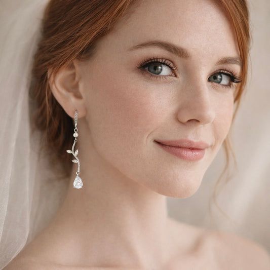 Wedding Crystal Vine Pearl Drop Earrings