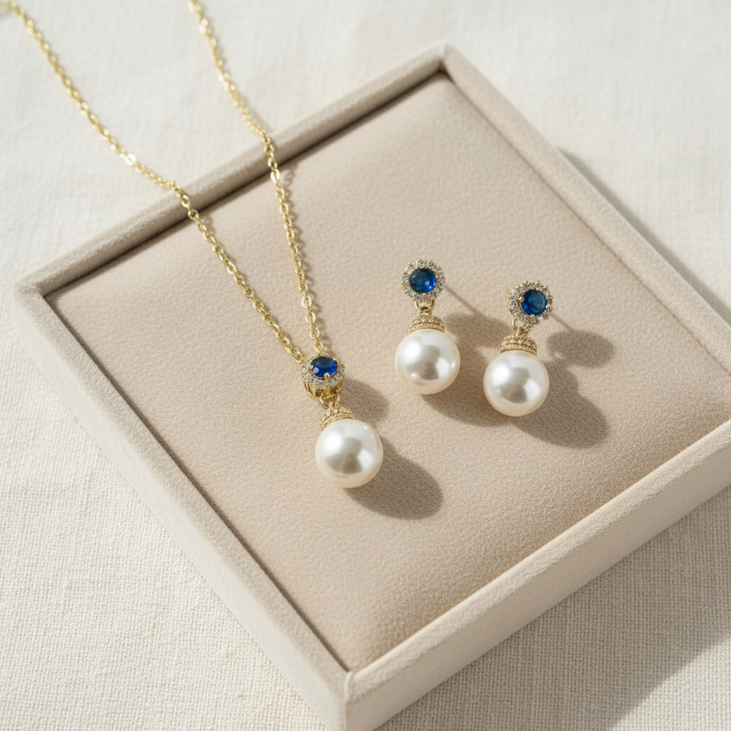 Bridal Pearl Gold Earrings with Sapphire Blue Accents