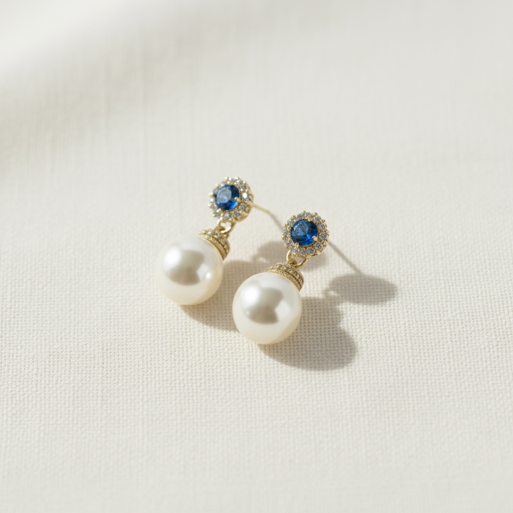 Bridal Pearl Gold Earrings with Sapphire Blue Accents