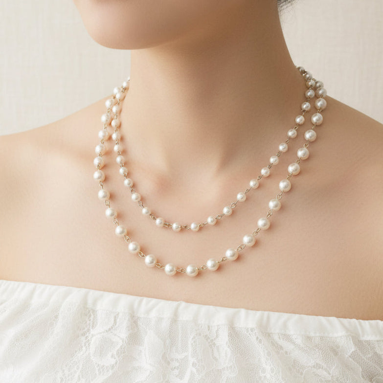 Wedding Double Layer Pearl Necklace and Earrings Set