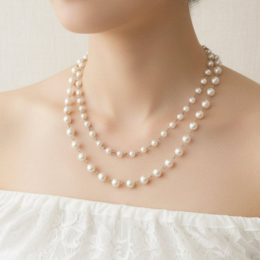 Wedding Double Layer Pearl Necklace and Earrings Set