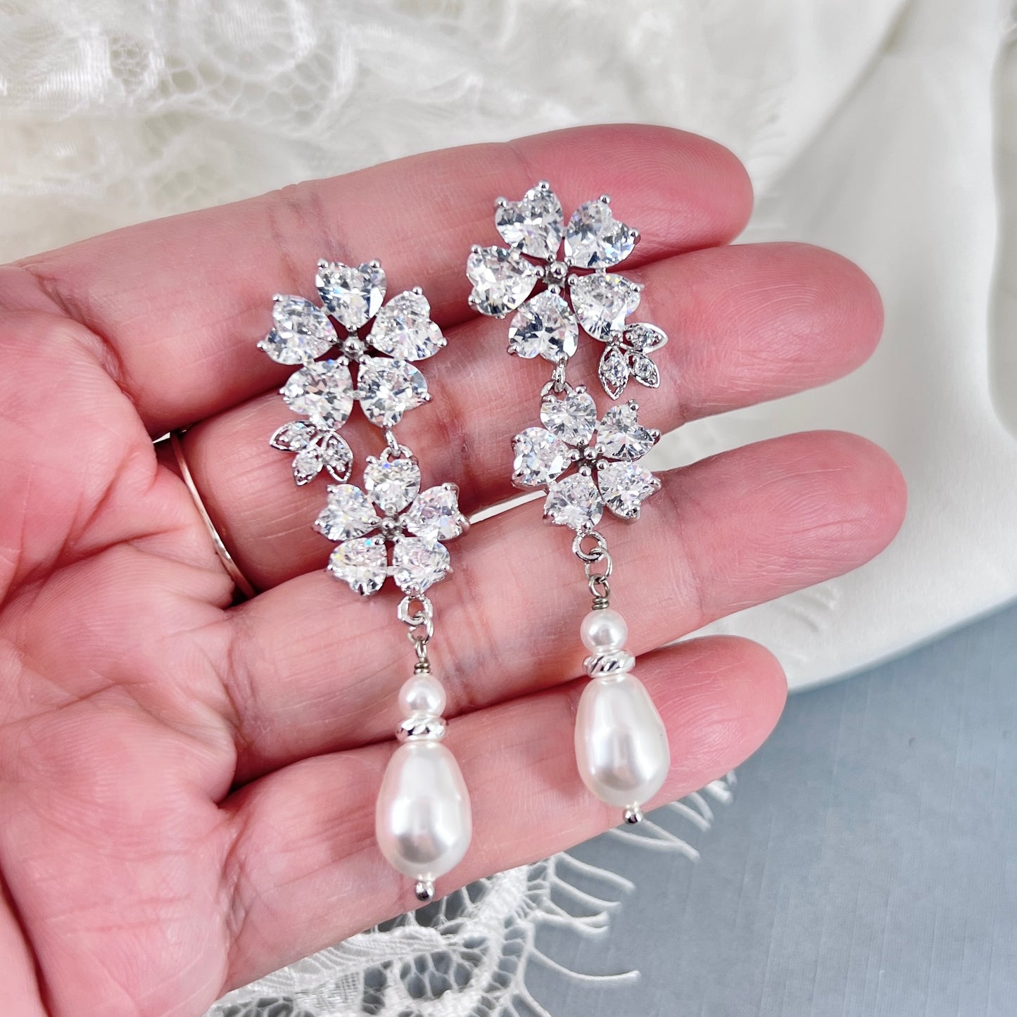 Wedding Bridal Flower Cubic and Pearl Earrings