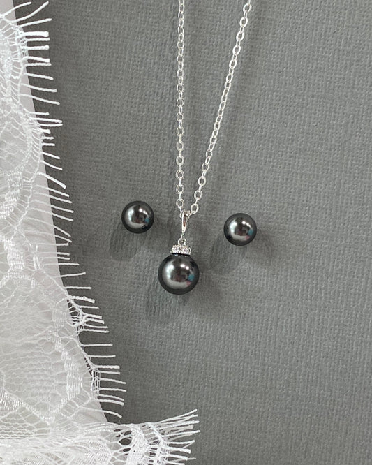 Leena Charcoal Pearl Necklace and Stud Earrings Set