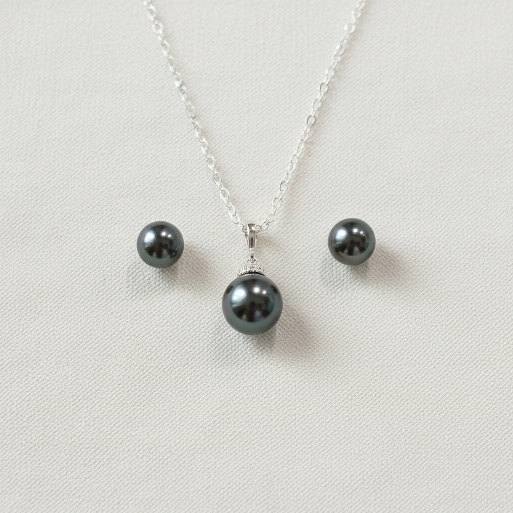 Wedding Bridal Charcoal Pearl Necklace and Stud Earrings Set