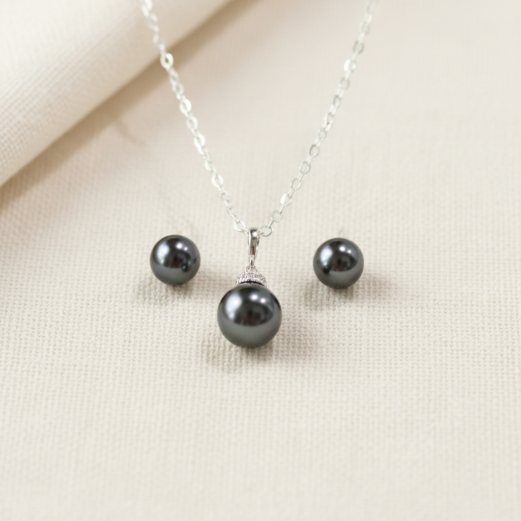 Wedding Bridal Charcoal Pearl Necklace and Stud Earrings Set