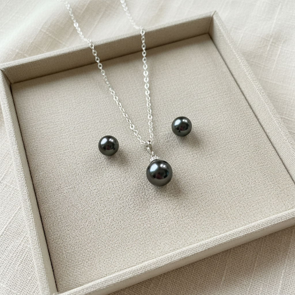 Wedding Bridal Charcoal Pearl Necklace and Stud Earrings Set