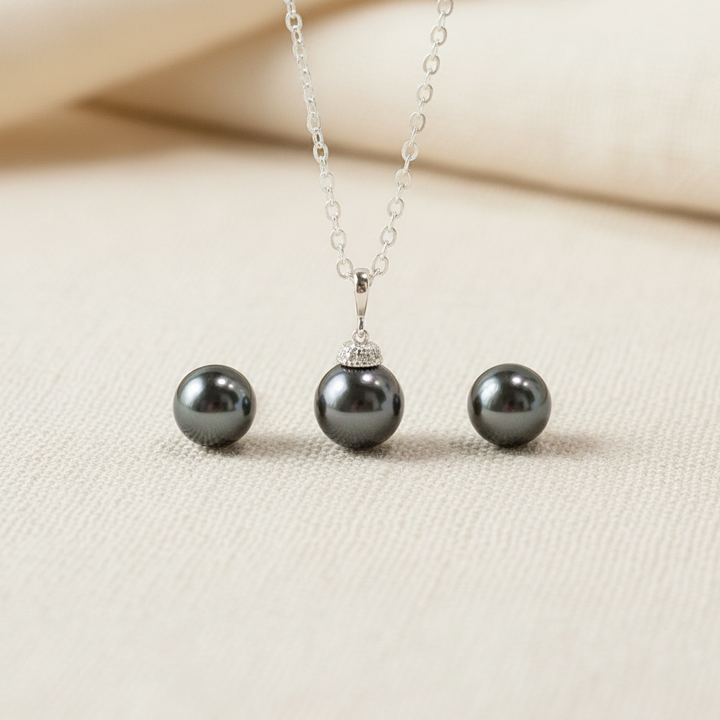 Wedding Bridal Charcoal Pearl Necklace and Stud Earrings Set