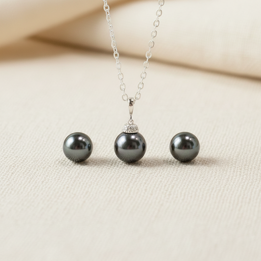 Wedding Bridal Charcoal Pearl Necklace and Stud Earrings Set