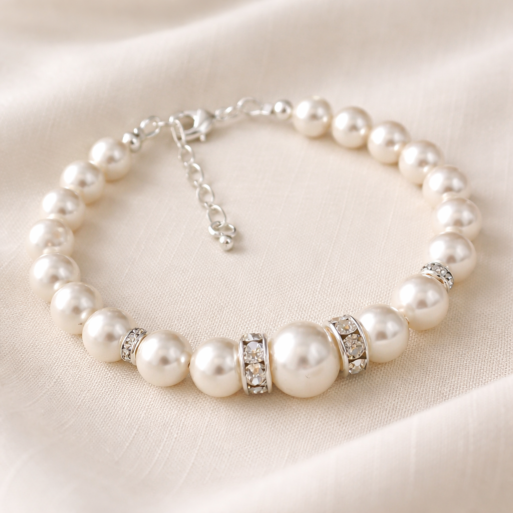 Wedding Bridal White Austrian Crystal Pearl Bracelet Earrings Set