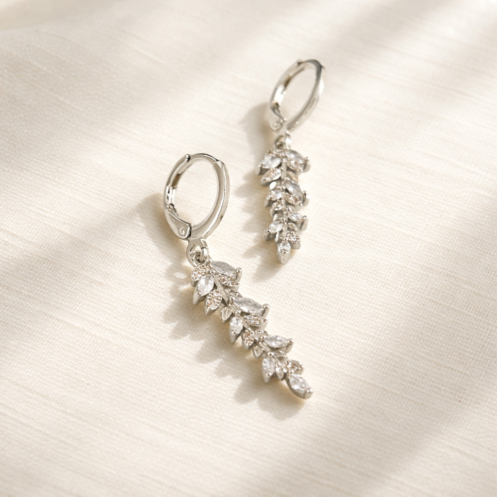 Wedding Crystal Leaf Bridal Hoop Earrings