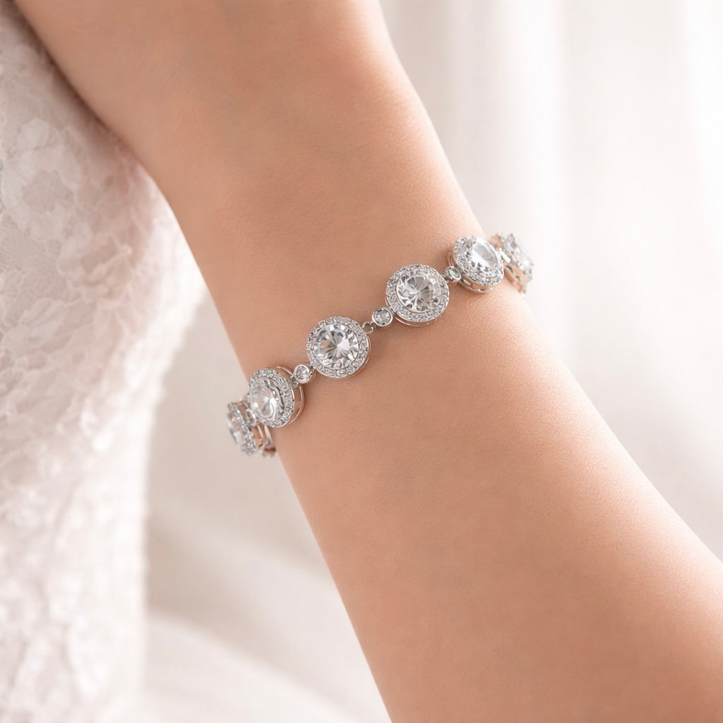 Crystal Bridal Tennis Bracelet Round Halo Wedding Jewelry