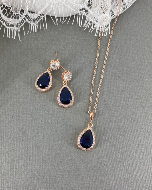 Lupe 2pcs CZ Rose Gold Plated Sapphire Blue Jewelry Set