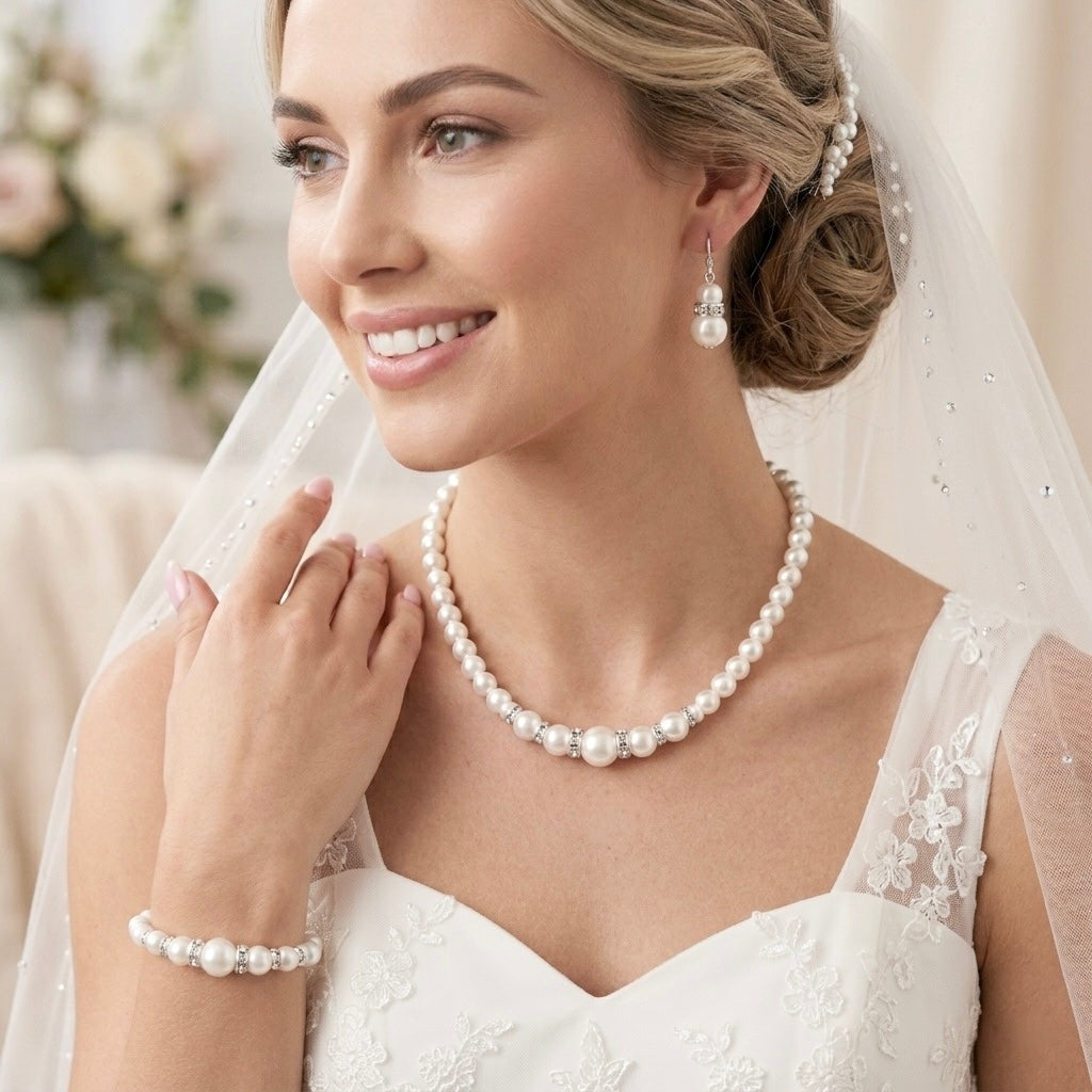 Classic Bridal White Pearl Graduated Necklace Jewelry Set