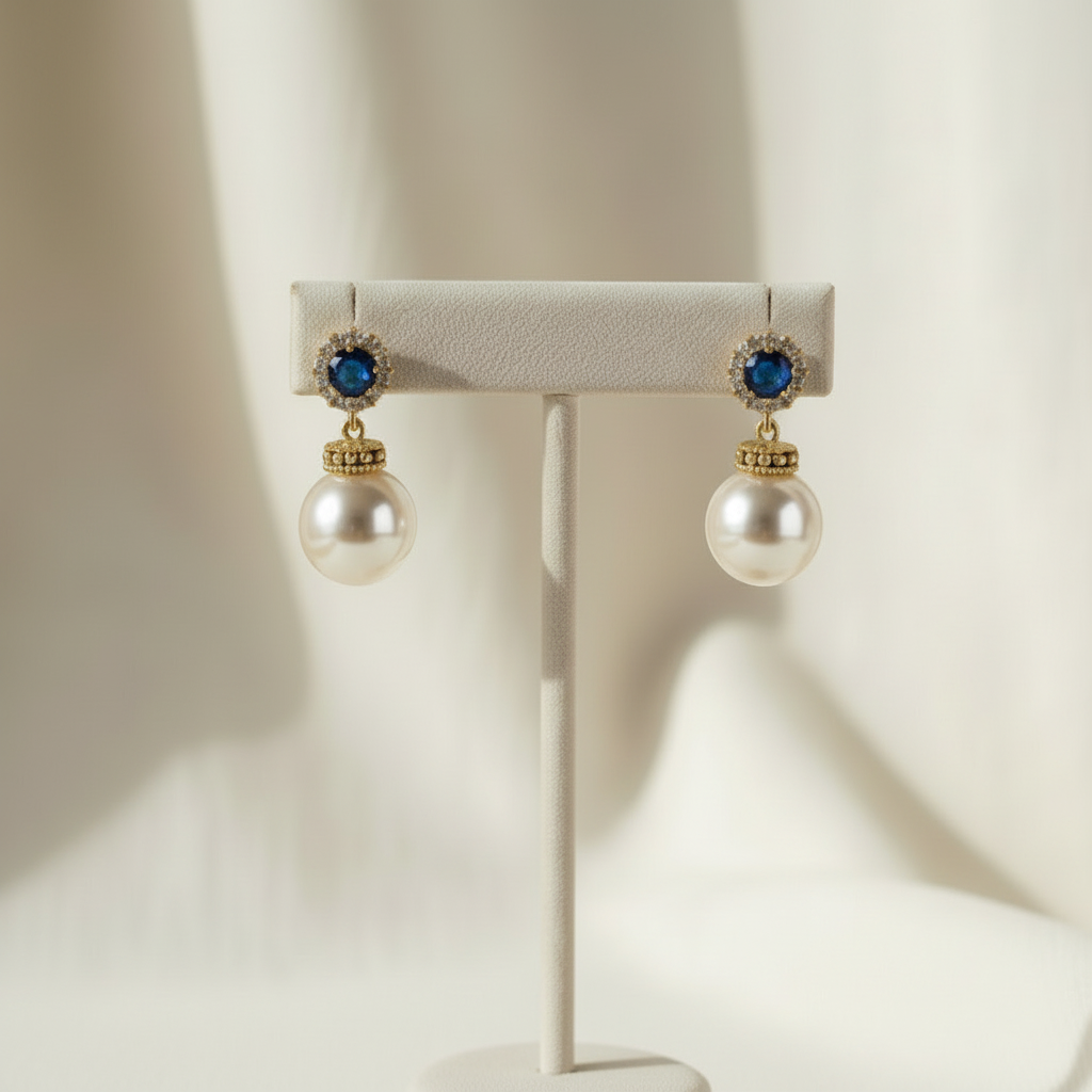 Bridal Pearl Gold Earrings with Sapphire Blue Accents