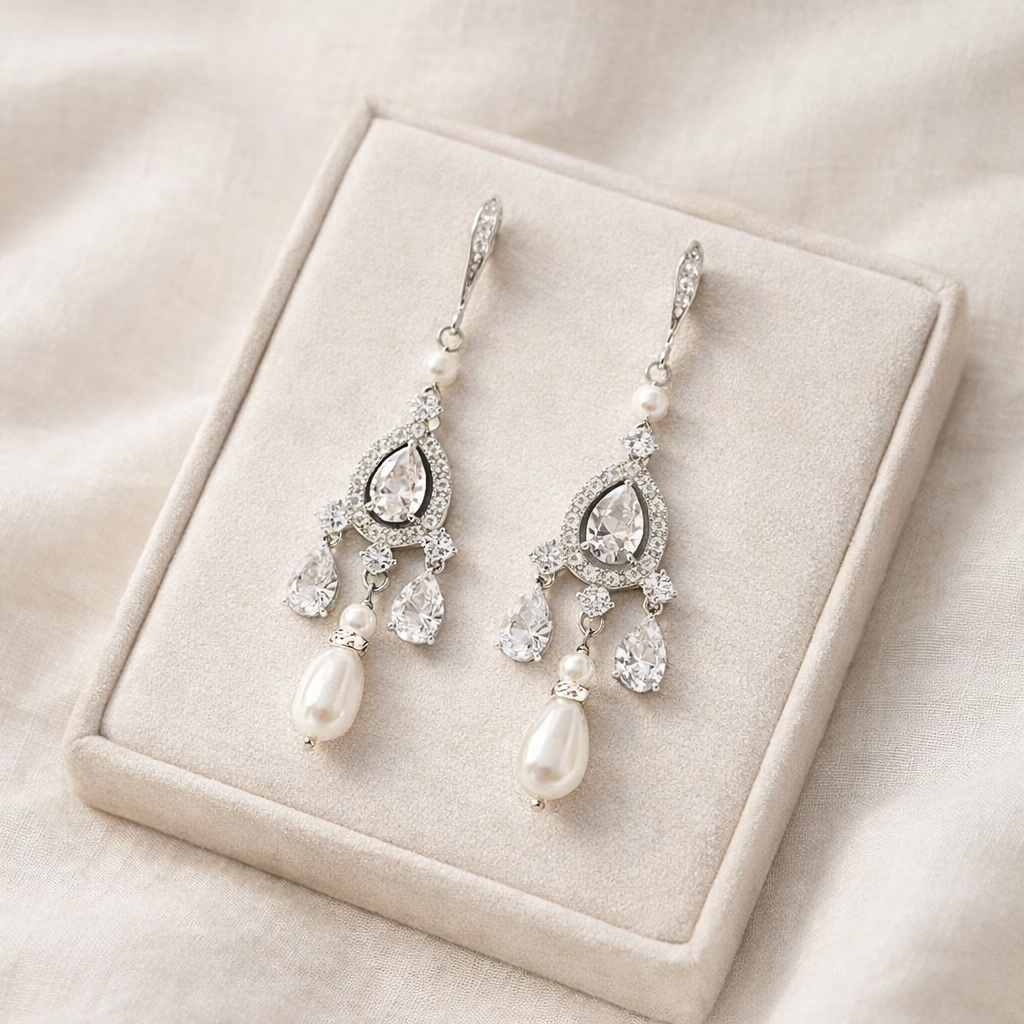 Wedding Bridal Chandelier Earrings with Crystal and Pearl