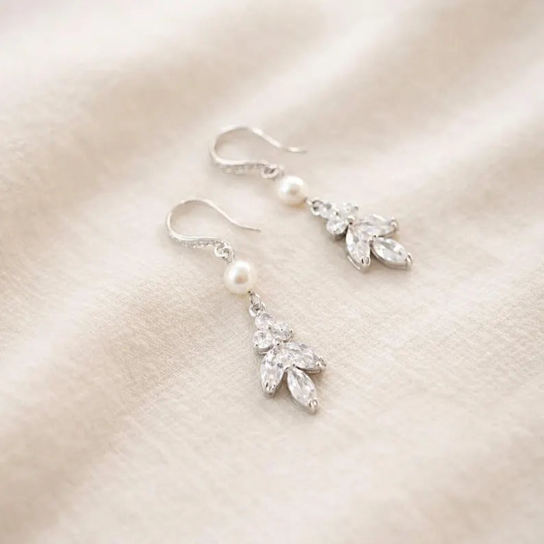 Wedding Bridal Bridesmiads CZ Leaf and Pearl Dangle Earrings