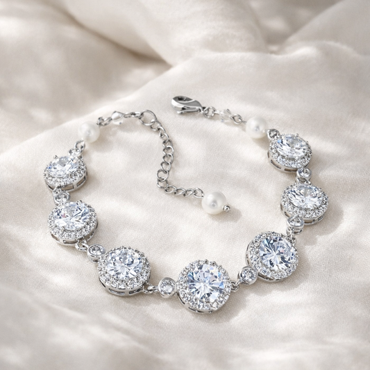 Crystal Bridal Tennis Bracelet Round Halo Wedding Jewelry