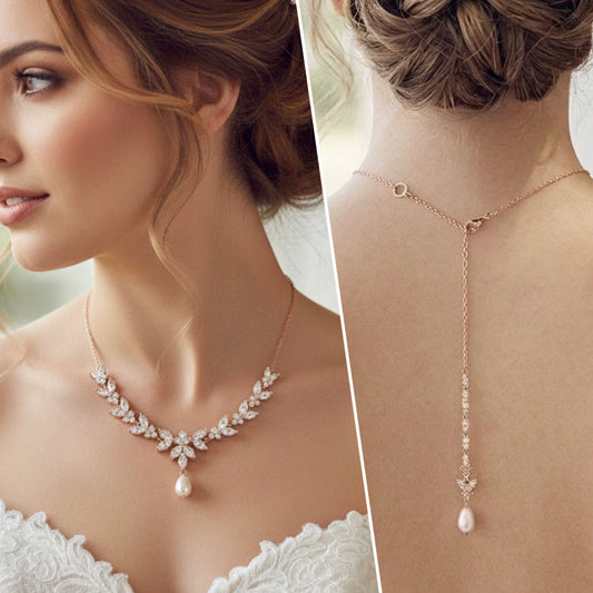 Wedding Bridal 2pcs Floral and Pearl Backdrop CZ Necklace and Earrings Set