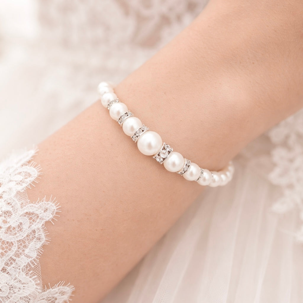 Classic Bridal White Pearl Graduated Necklace Jewelry Set