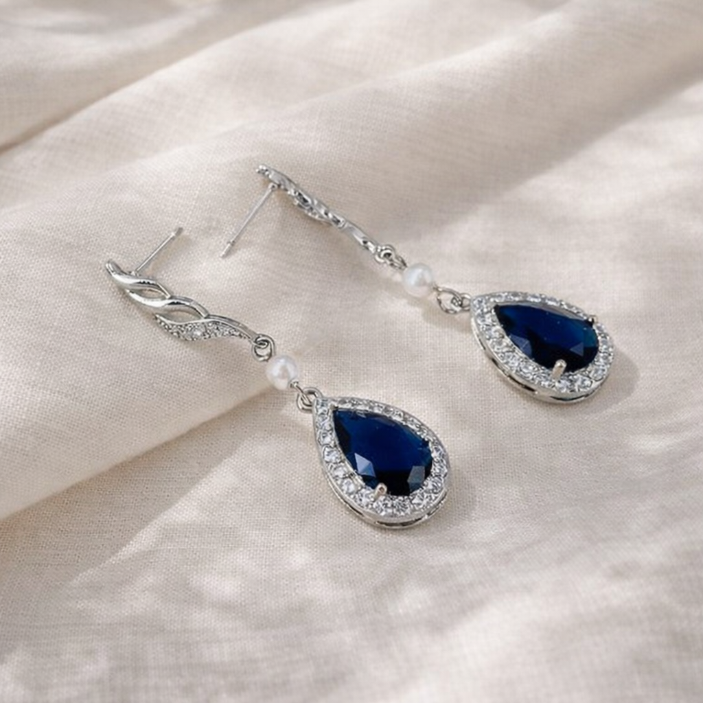 Wedding Sapphire Blue Teardrop Bridal Earrings Set
