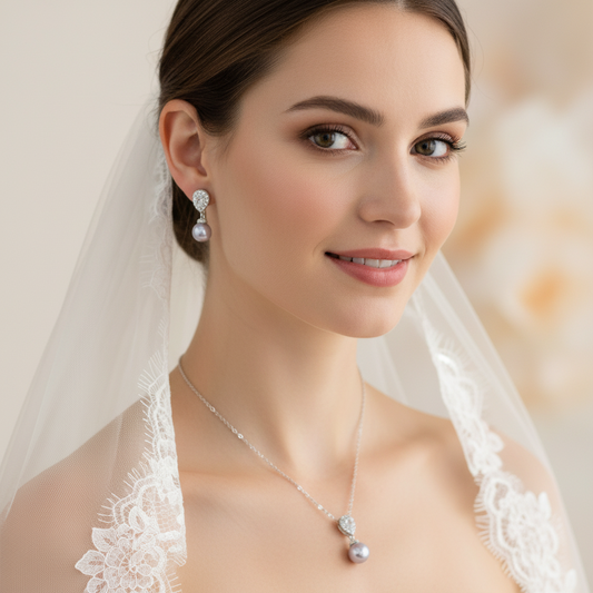 Wedding Bridal Light Purple Pearl Necklace and Earrings Set