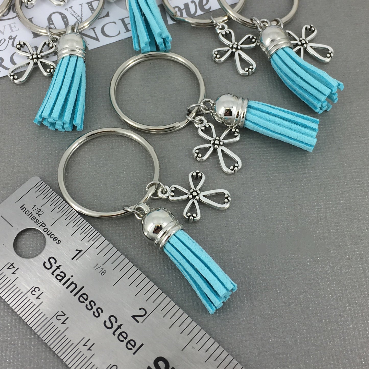 Cross and Baby Blue Tassle Key Chain Religious Baptisms Confirmations Gifts Wedding Favors