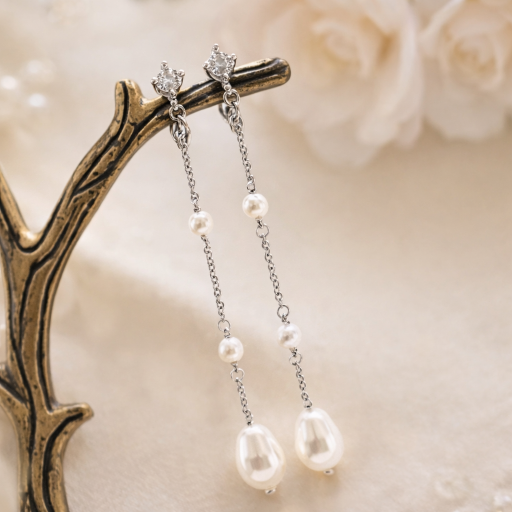 Pearl earrings on a decorative stand with a soft floral background