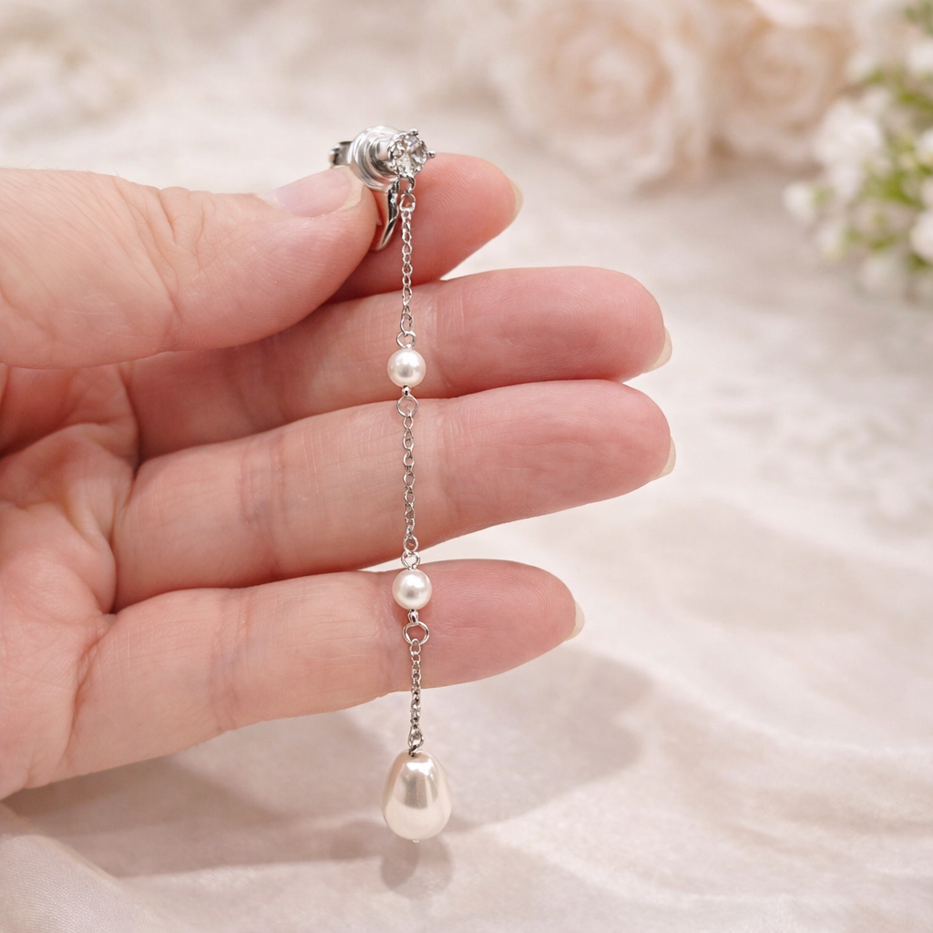Minimal Long Pearl Chain Drop Clip on Earrings