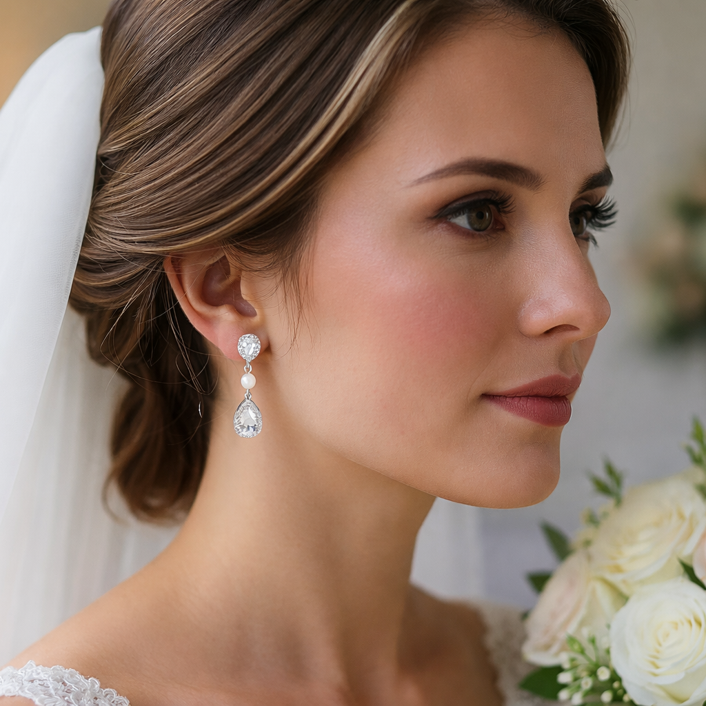 Woman in wedding attire with veil and bouquet, close-up of face