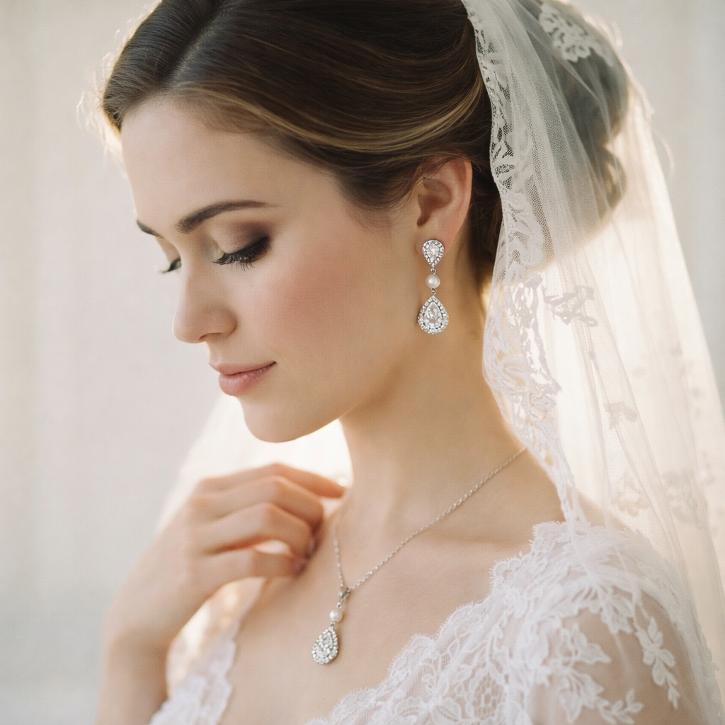 Bride wearing a necklace and earrings with a soft background