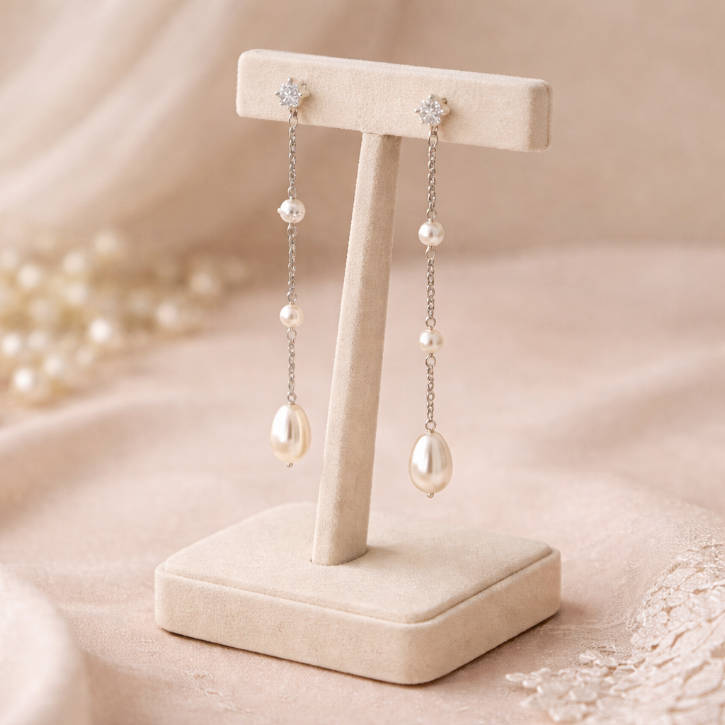 Minimal Long Pearl Chain Drop Clip on Earrings