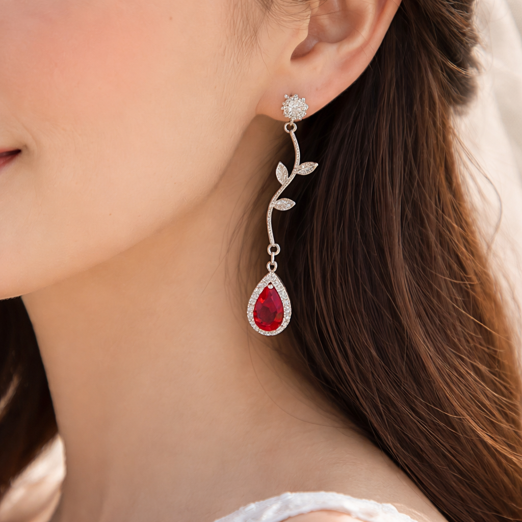 Wedding Bridal 2pcs CZ Red Christmas Necklace and Earrings Set