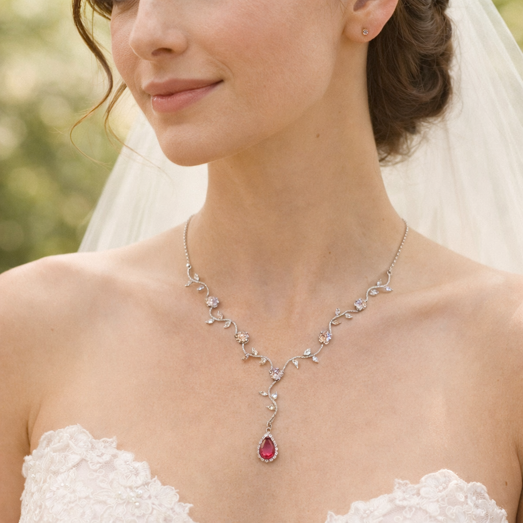 Wedding Bridal 2pcs CZ Red Christmas Necklace and Earrings Set