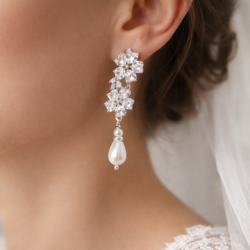 Wedding Marquise Clear Floral Crystal Pearl Drop Earrings