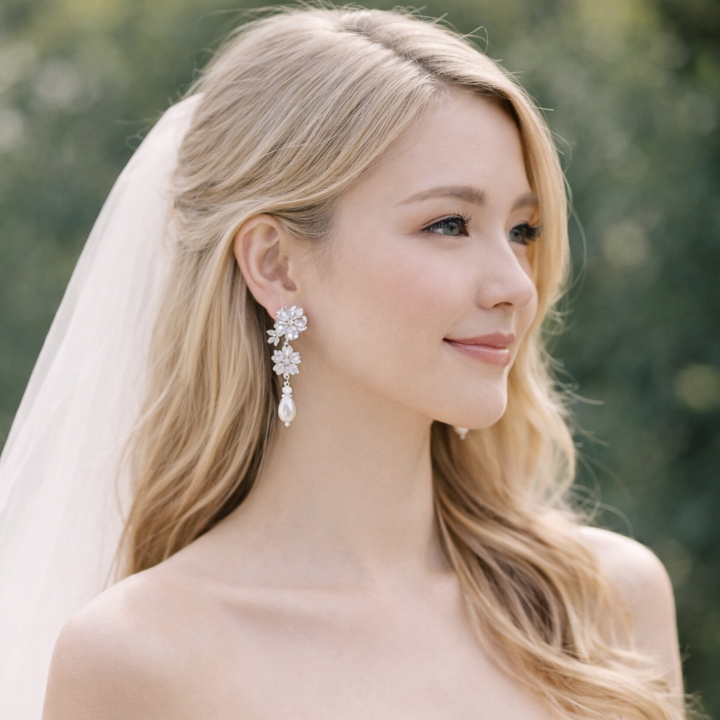 Wedding Marquise Clear Floral Crystal Pearl Drop Earrings